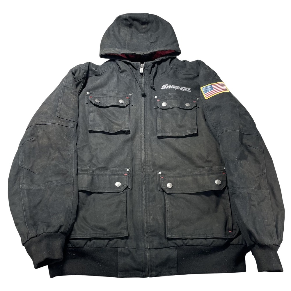 Snap-on Jacket Mens XL Black Hooded Canvas Quilted Lined American Flag Workwear